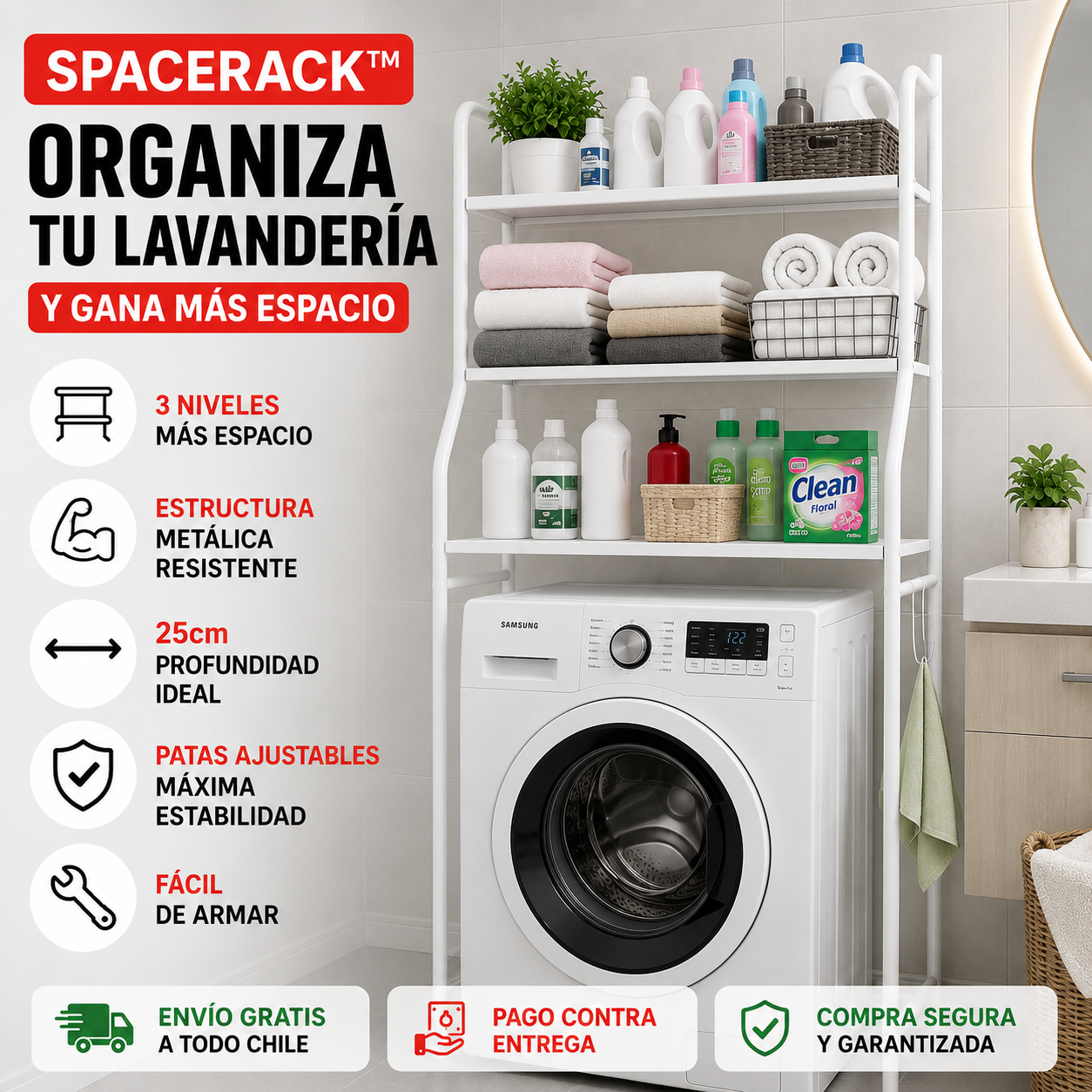 SpaceRack™ Organizador Sobre Lavadora 3 Niveles 🧺✨